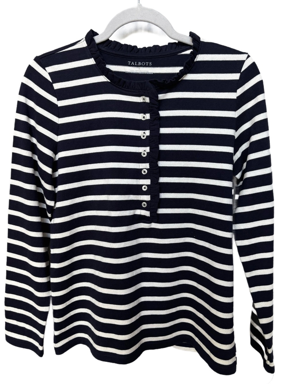 NWT Talbots Navy & White Striped Ruffle-Trim Henley Small